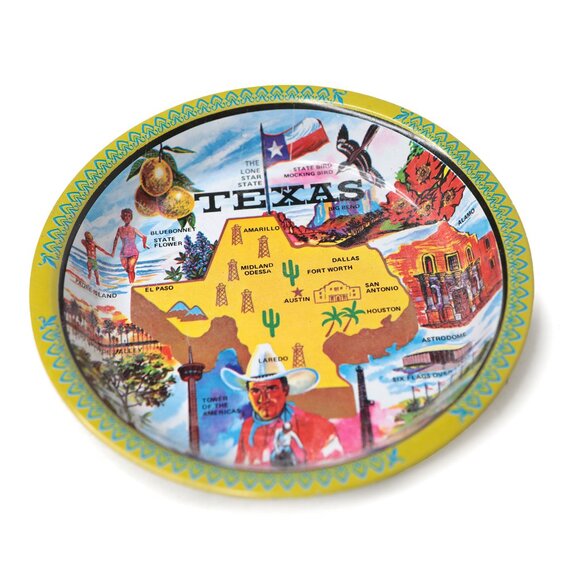 Vintage Ken Haag Texas Tin Metal Tray Trinket Dish Souvenir Retro Cowboy Alamo - Picture 2 of 7